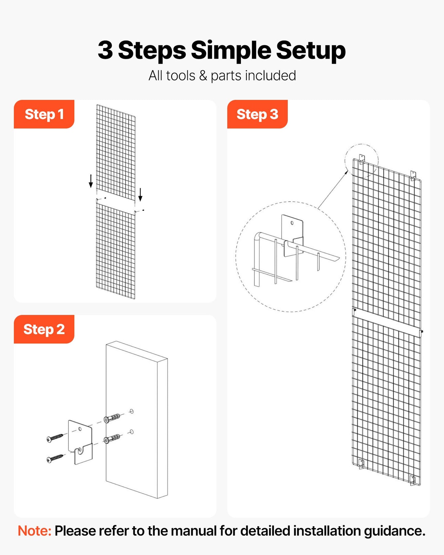 3 Packs Grid Wall Panels, 610 x 1828 mm Wire Grid Panels Display Rack, Wall-Mounted Art Display Shelf, Black Carbon Steel Wall Hanging Gridwall for Craft Show, Decoration, Storage, Notice Board