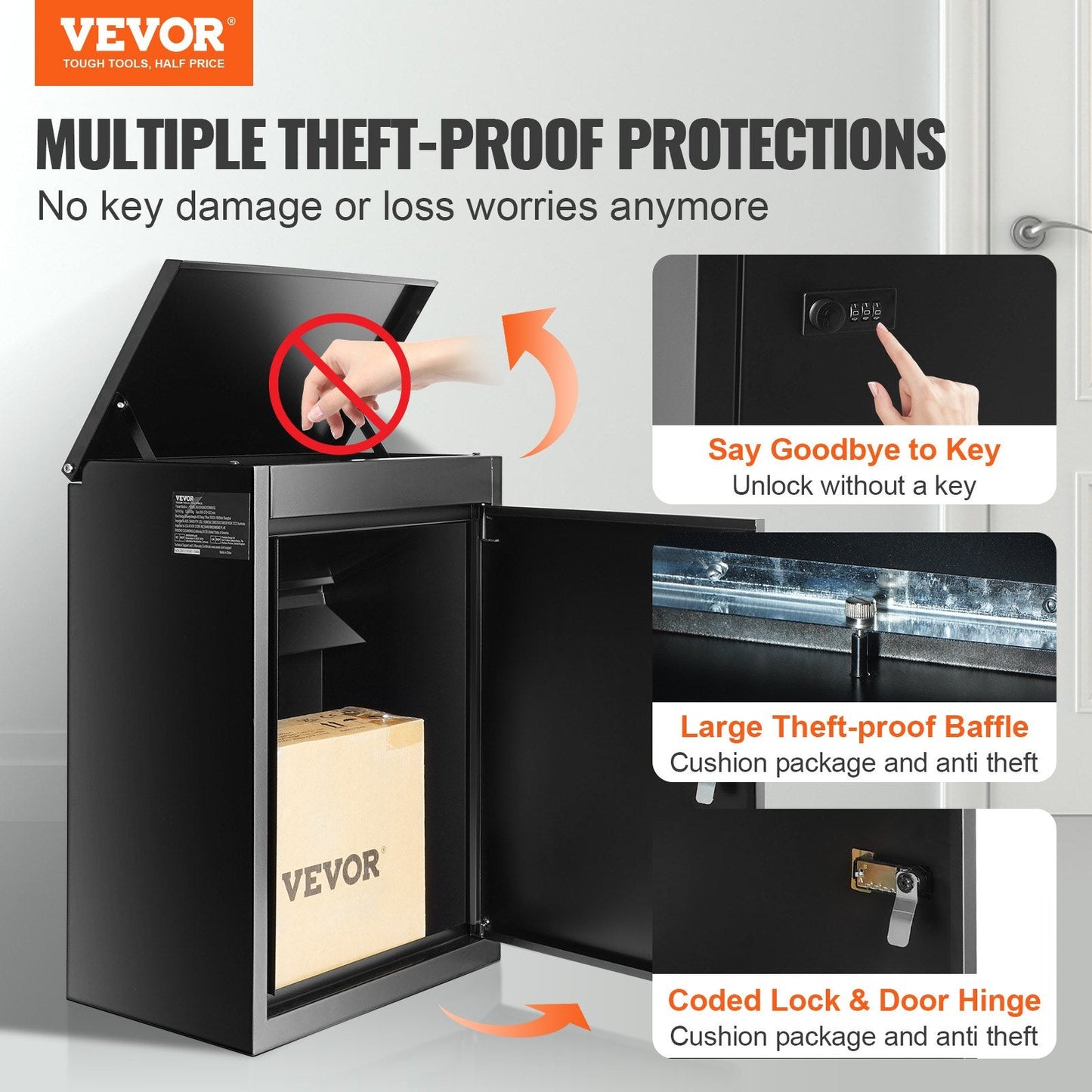 Outdoor Package Security Box with Coded Lock, 39 x 27 x 52.2 cm, Black Steel