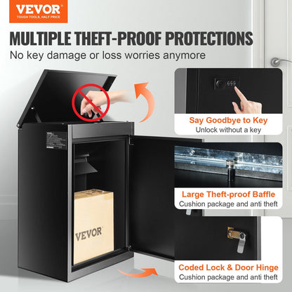 Outdoor Package Security Box with Coded Lock, 39 x 27 x 52.2 cm, Black Steel