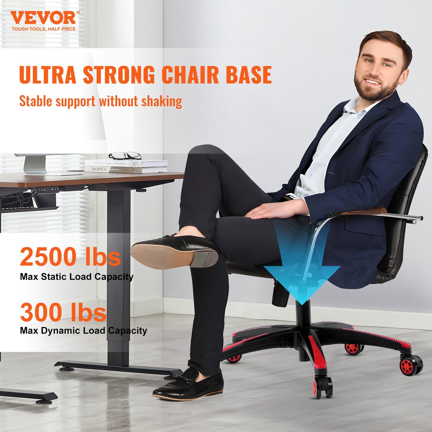 Office Chair Base Replacement, 710 mm, 1134 kg Static Load, Heavy Duty Universal Computer Desk Chair Stool Base Part with 5 Casters and Reinforced Legs, Desk Chair Base Replacement, Black + Red