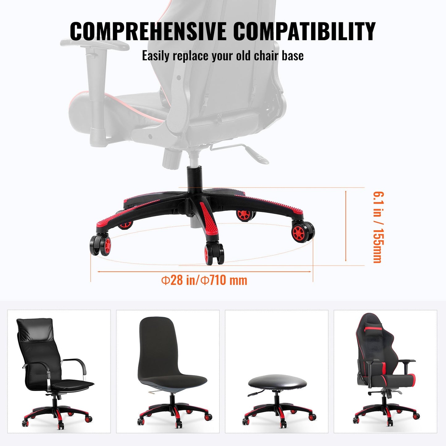 Office Chair Base Replacement, 710 mm, 1134 kg Static Load, Heavy Duty Universal Computer Desk Chair Stool Base Part with 5 Casters and Reinforced Legs, Desk Chair Base Replacement, Black + Red