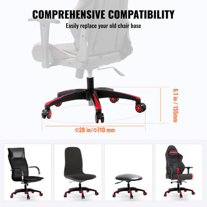 Office Chair Base Replacement, 710 mm, 1134 kg Static Load, Heavy Duty Universal Computer Desk Chair Stool Base Part with 5 Casters and Reinforced Legs, Desk Chair Base Replacement, Black + Red