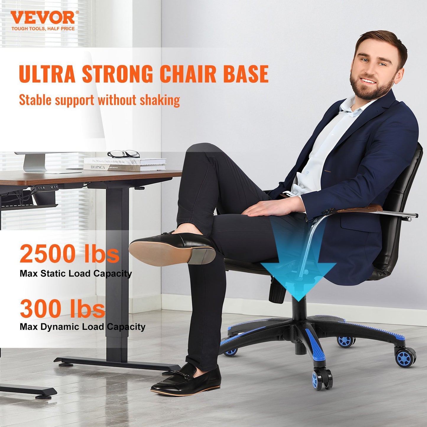 Office Chair Base Replacement, 710 mm, 1134 kg Static Load, Heavy Duty Universal Computer Desk Chair Stool Base Part with 5 Casters and Reinforced Legs, Desk Chair Base Replacement, Black + Blue