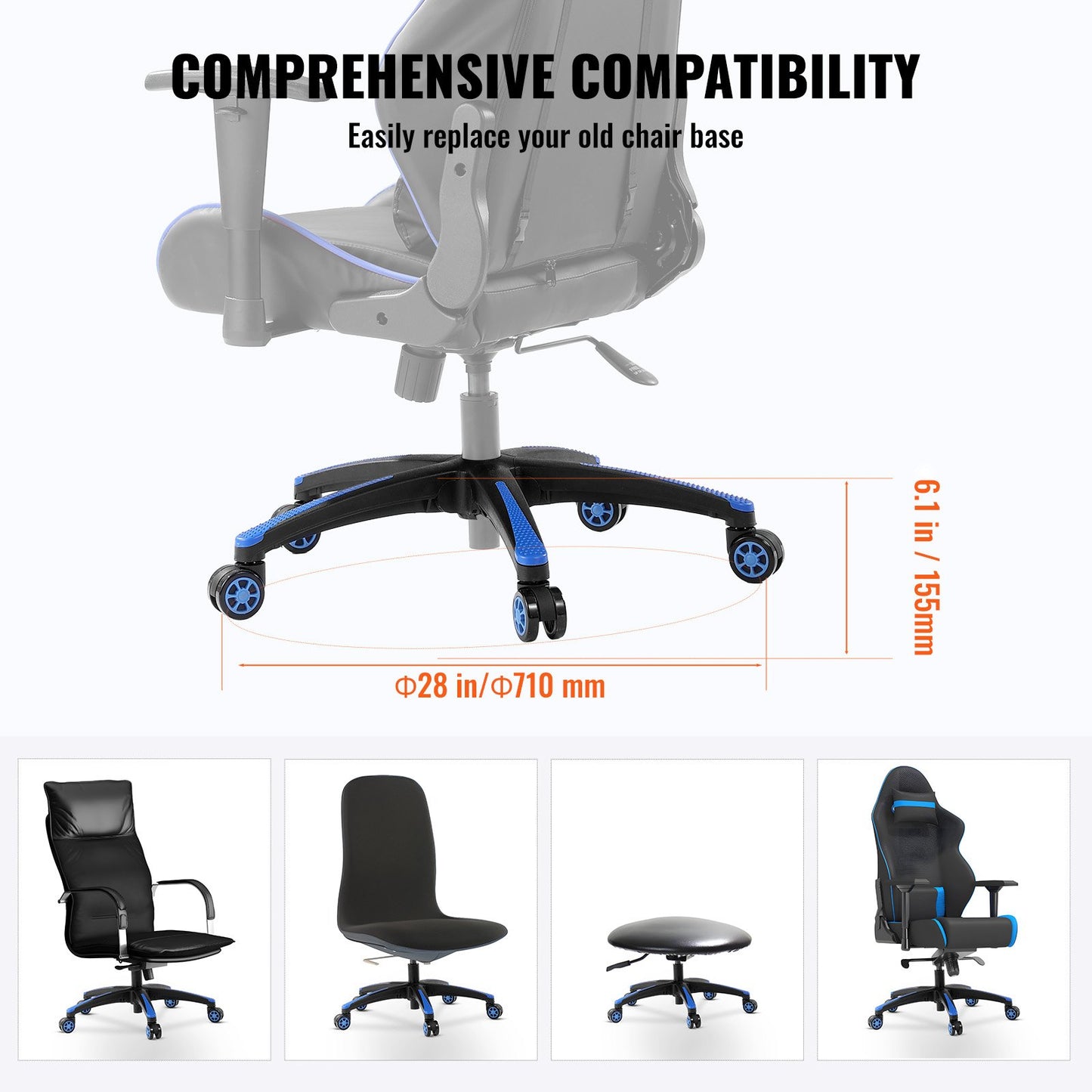 Office Chair Base Replacement, 710 mm, 1134 kg Static Load, Heavy Duty Universal Computer Desk Chair Stool Base Part with 5 Casters and Reinforced Legs, Desk Chair Base Replacement, Black + Blue
