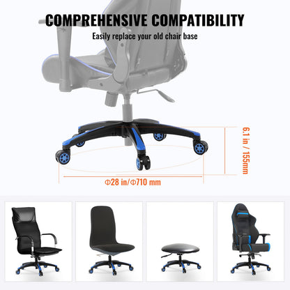 Office Chair Base Replacement, 710 mm, 1134 kg Static Load, Heavy Duty Universal Computer Desk Chair Stool Base Part with 5 Casters and Reinforced Legs, Desk Chair Base Replacement, Black + Blue
