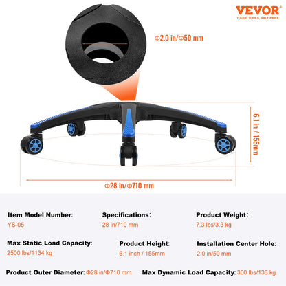 Office Chair Base Replacement, 710 mm, 1134 kg Static Load, Heavy Duty Universal Computer Desk Chair Stool Base Part with 5 Casters and Reinforced Legs, Desk Chair Base Replacement, Black + Blue