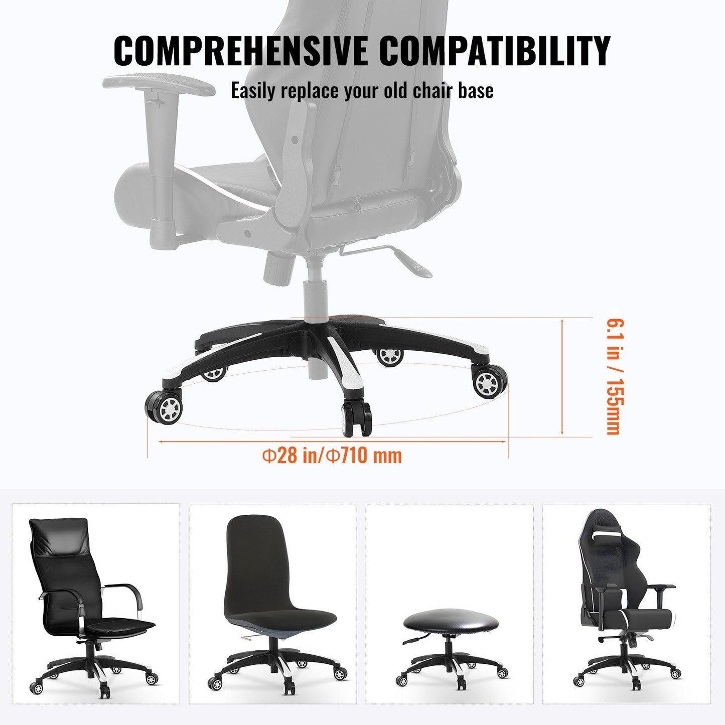 Heavy Duty Office Chair Base Replacement, 0.71 m, 1134 kg Capacity, Universal Fit