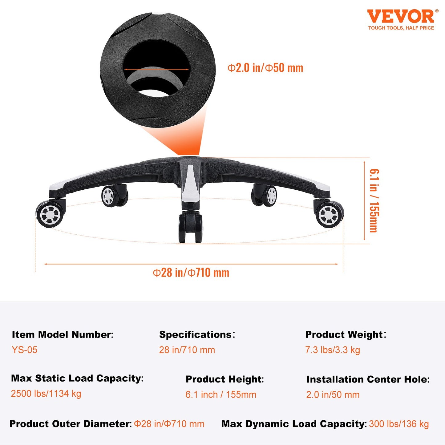 VEVOR Office Chair Base Replacement 710 mm Heavy Duty Swivel Chair Base 1134 kg