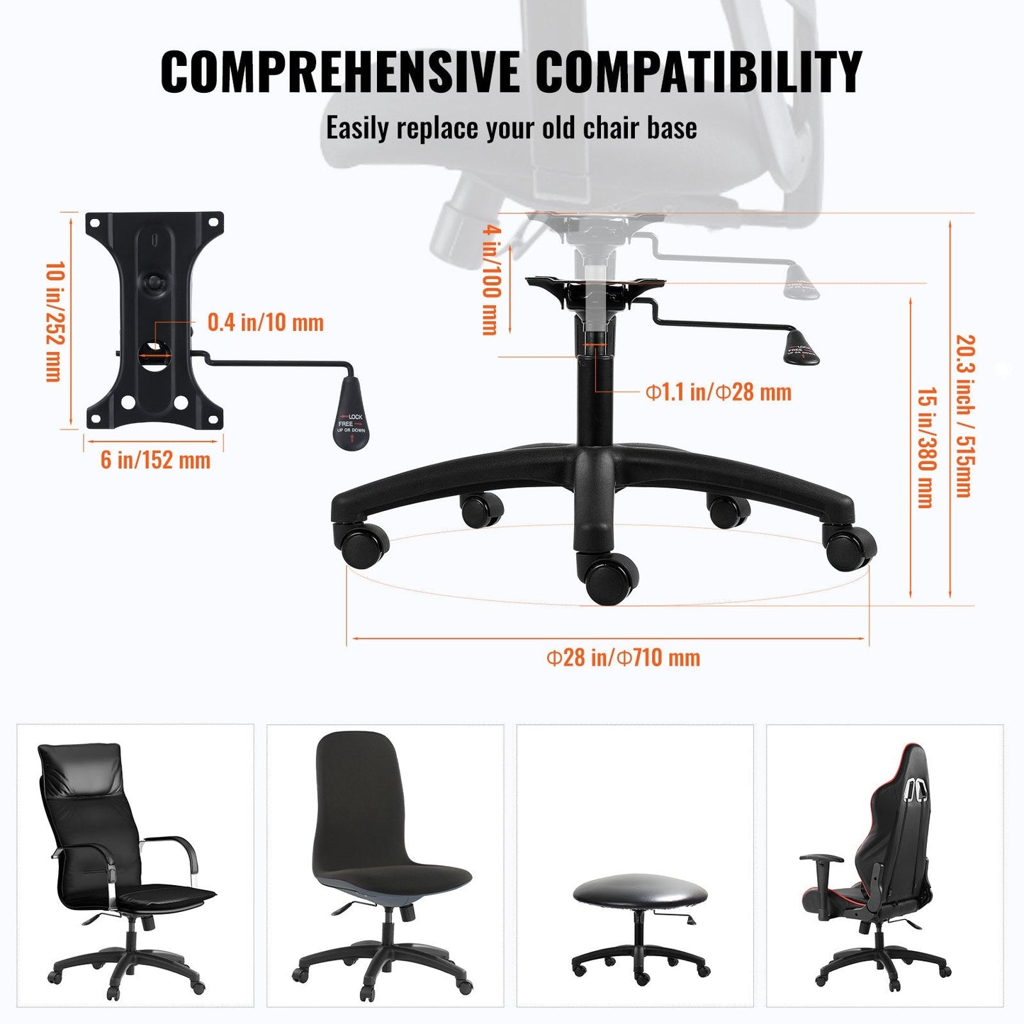 Heavy-Duty Swivel Chair Base Replacement, 0.71m, 1134kg Load Capacity
