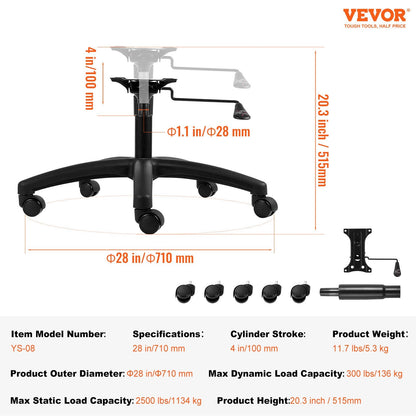 Heavy-Duty Swivel Chair Base Replacement, 0.71m, 1134kg Load Capacity