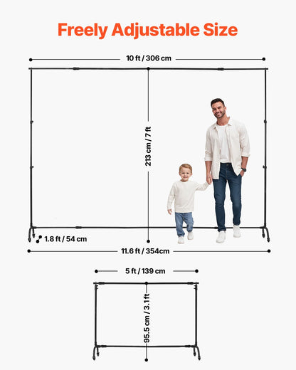 Backdrop Stand, 213 x 300 cm Adjustable Photo Backdrop Stand Kit, Portable Background Backdrop Stand with Casters, Heavy Duty Movable Projector Screen Stand, for Wedding, Photo Studio and Party