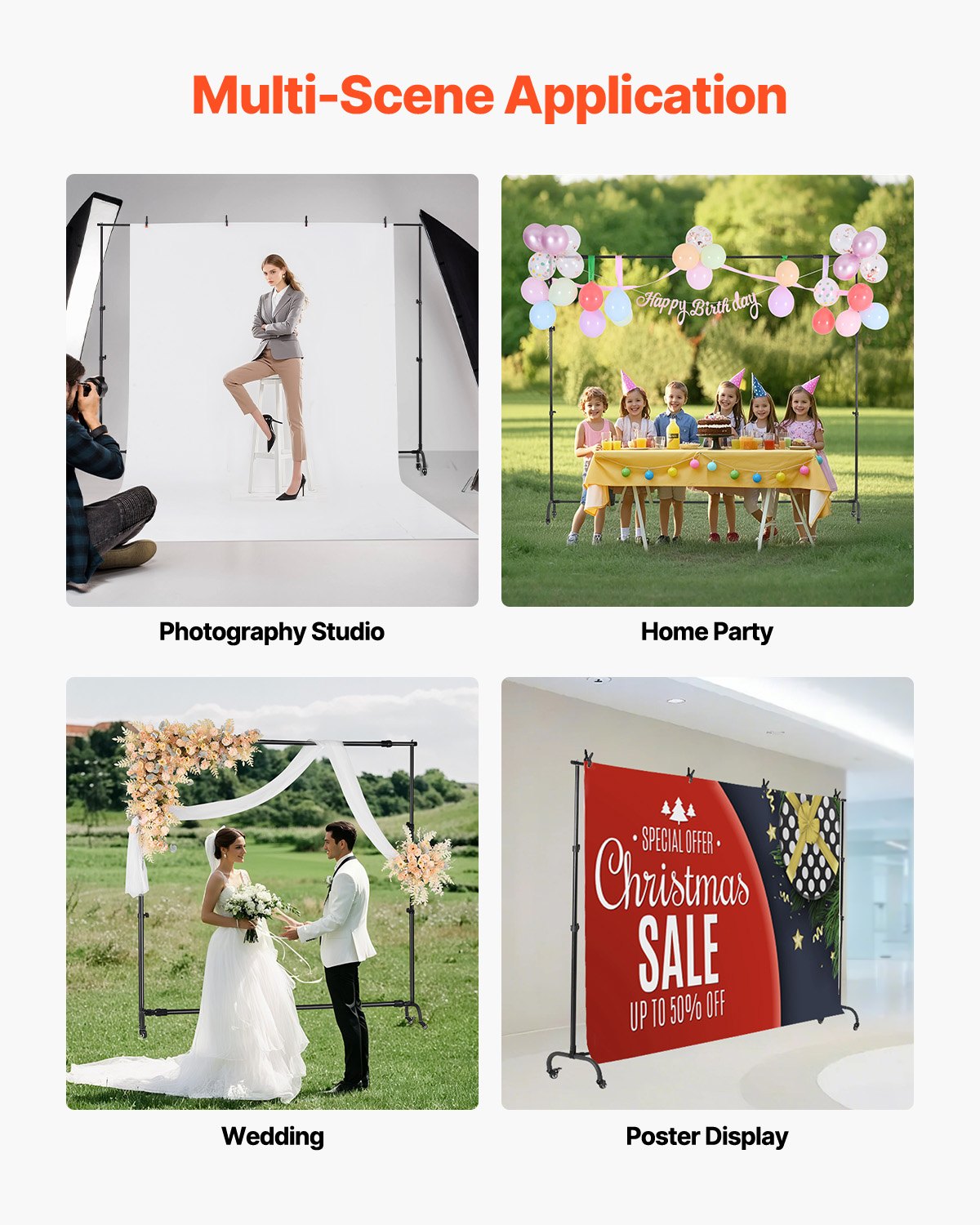Backdrop Stand, 213 x 300 cm Adjustable Photo Backdrop Stand Kit, Portable Background Backdrop Stand with Casters, Heavy Duty Movable Projector Screen Stand, for Wedding, Photo Studio and Party