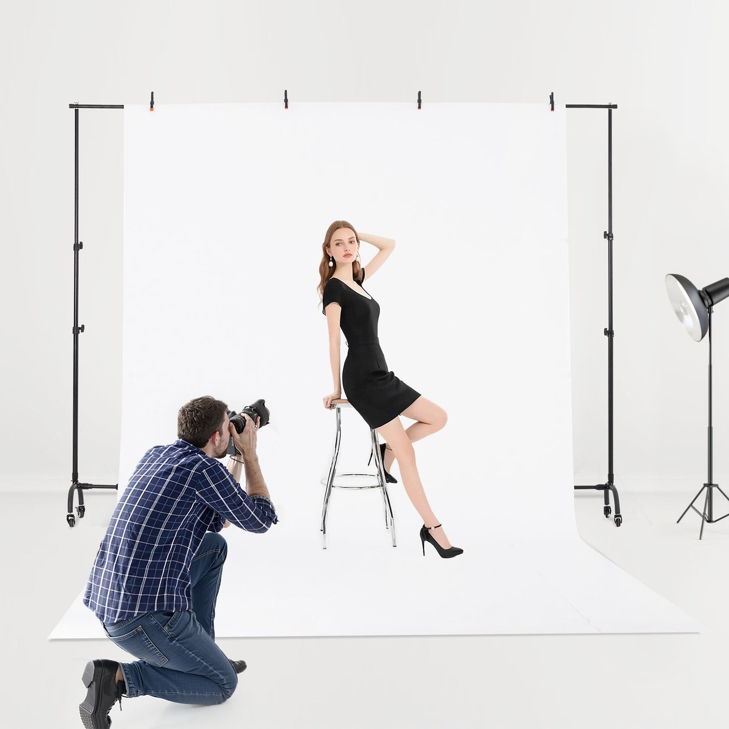 Backdrop Stand, 213 x 300 cm Adjustable Photo Backdrop Stand Kit, Portable Background Backdrop Stand with Casters, Heavy Duty Movable Projector Screen Stand, for Wedding, Photo Studio and Party