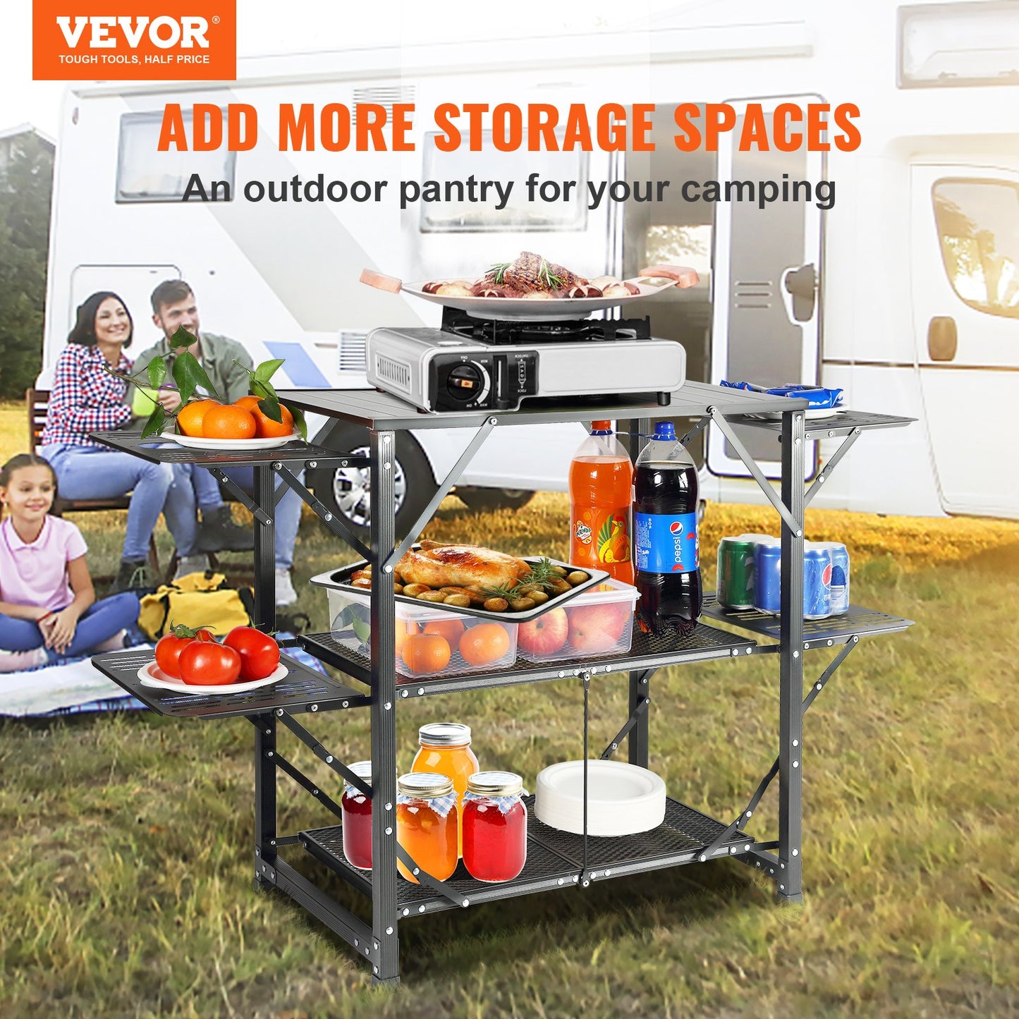 VEVOR Camping Kitchen Table, One-piece Folding Portable Cook Station with A Carrying