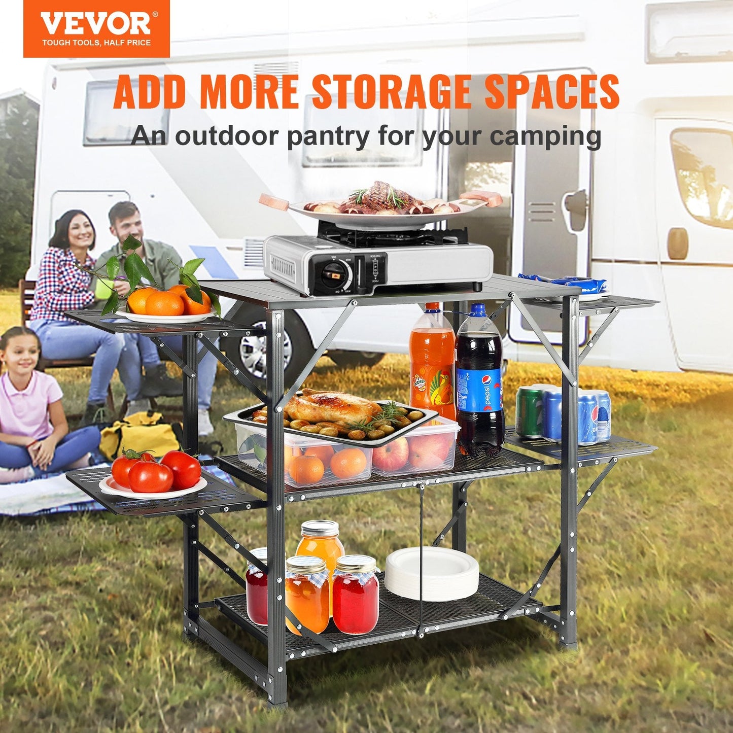 Portable Folding Camping Cook Station with Carry Bag, Aluminum & Iron, 126x46x81cm