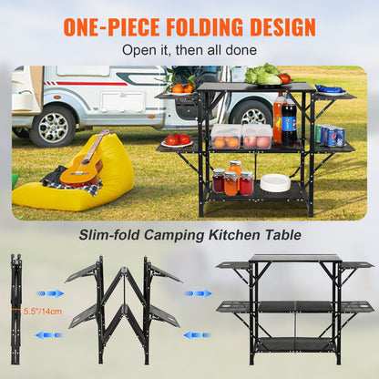 Portable Folding Camping Cook Station with Carry Bag, Aluminum & Iron, 126x46x81cm