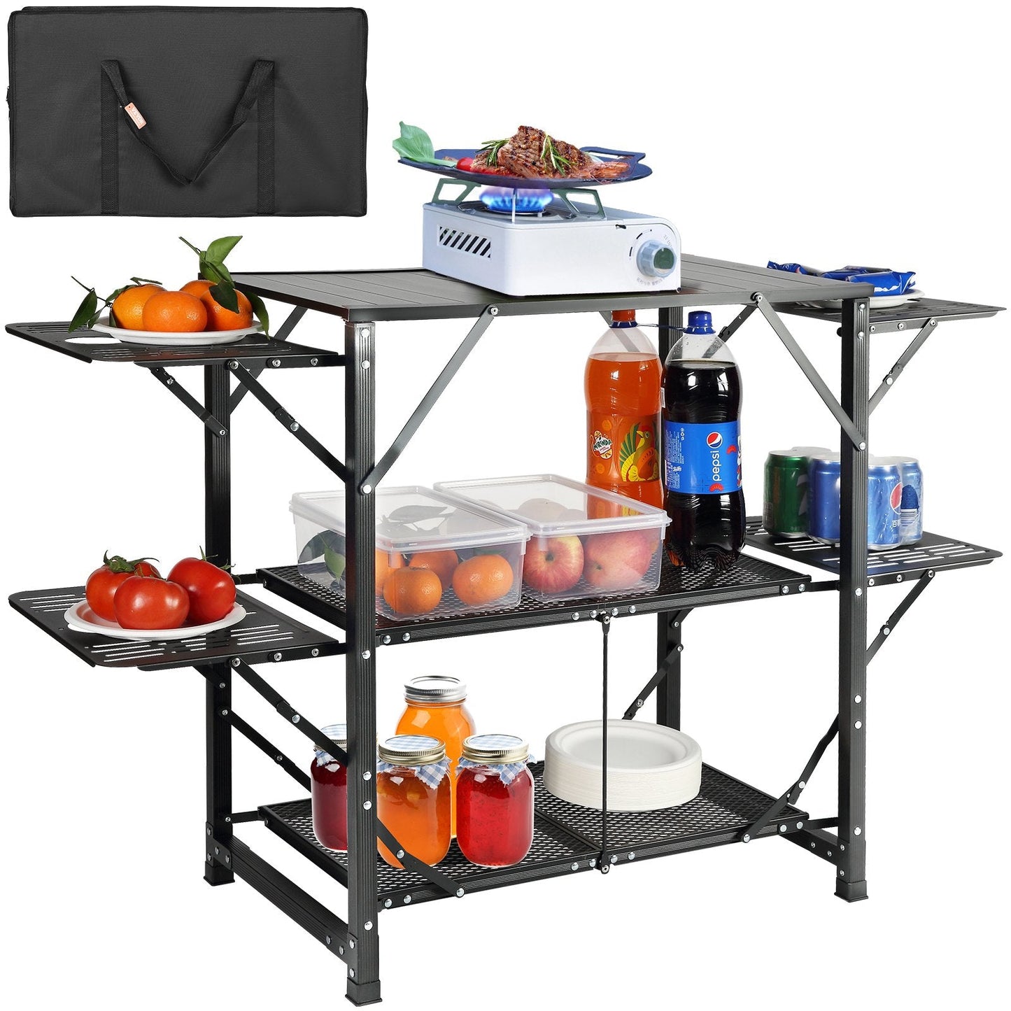 Portable Folding Camping Cook Station with Carry Bag, Aluminum & Iron, 126x46x81cm