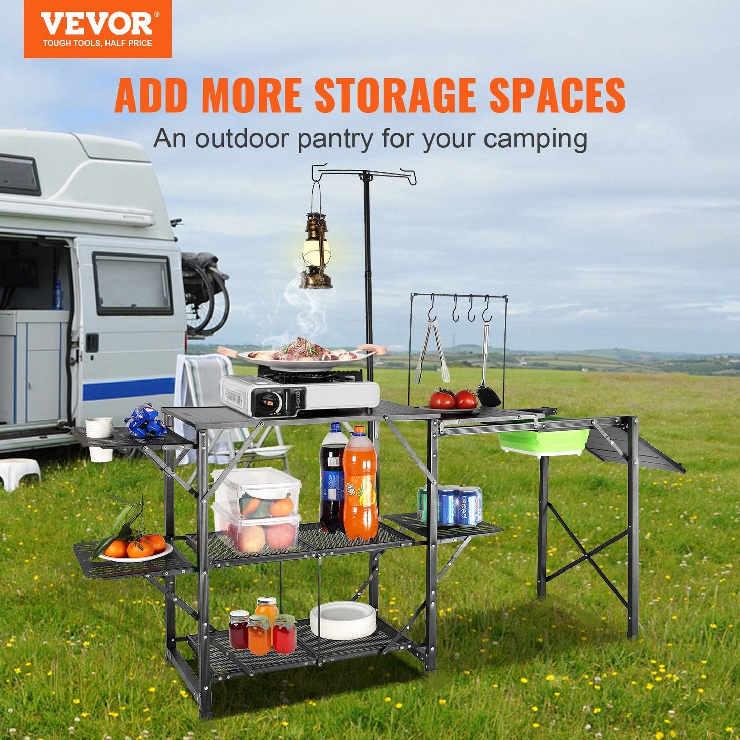 Portable Outdoor Kitchen Station with Aluminum Table & Removable Sink, 174x50x160 cm