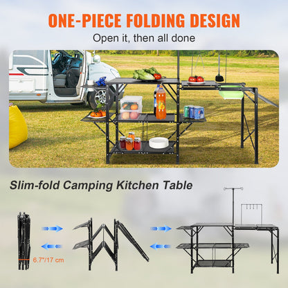 Portable Outdoor Kitchen Station with Aluminum Table & Removable Sink, 174x50x160 cm