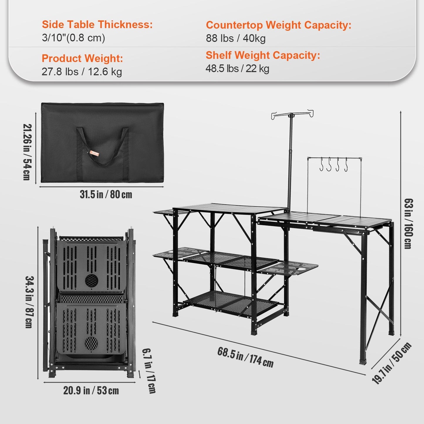 Portable Outdoor Kitchen Station with Aluminum Table & Removable Sink, 174x50x160 cm