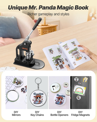 Button Maker Machine, 25 mm, Pin Maker Machine with 500pcs Button Parts, Circle Cutter, Hex Wrenches and Magic Book, Ergonomic Handle, for DIY Badges, Personalized Pins and Key Chains, Black