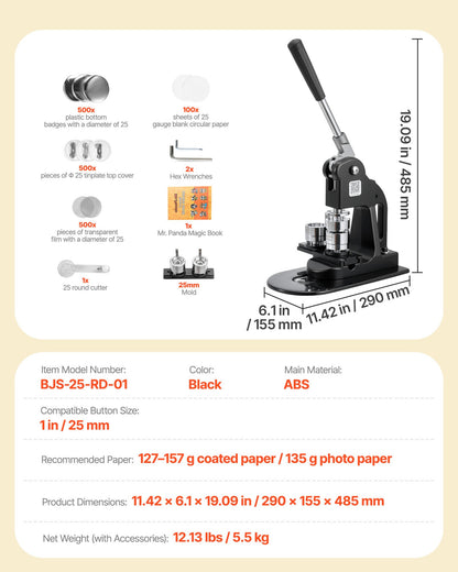 Button Maker Machine, 25 mm, Pin Maker Machine with 500pcs Button Parts, Circle Cutter, Hex Wrenches and Magic Book, Ergonomic Handle, for DIY Badges, Personalized Pins and Key Chains, Black