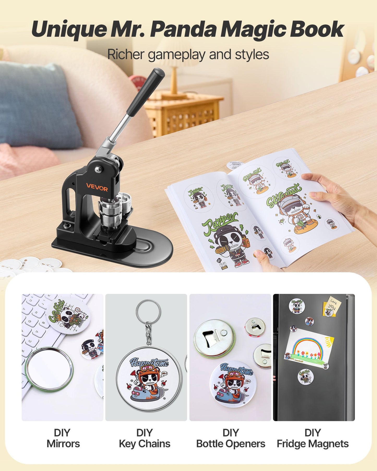 Button Maker Machine, 32 mm, Pin Maker Machine with 500pcs Button Parts, Circle Cutter, Hex Wrenches and Magic Book, Ergonomic Handle, for DIY Badges, Personalized Pins and Key Chains, Black