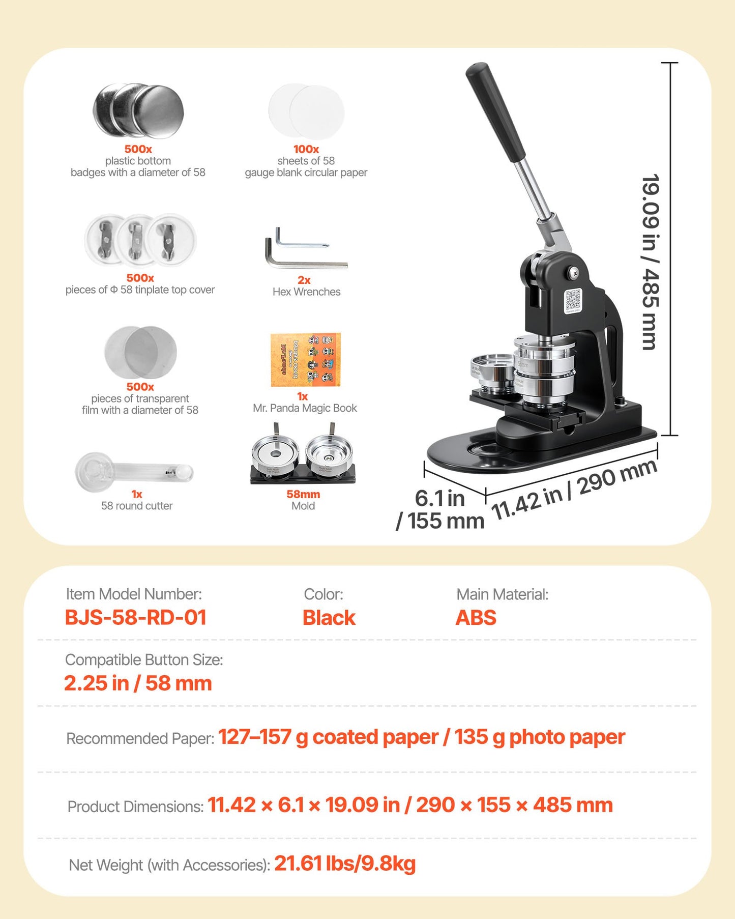 Button Maker Machine, 58 mm, Pin Maker Machine with 500pcs Button Parts, Circle Cutter, Hex Wrenches and Magic Book, Ergonomic Handle, for DIY Badges, Personalized Pins and Key Chains, Black