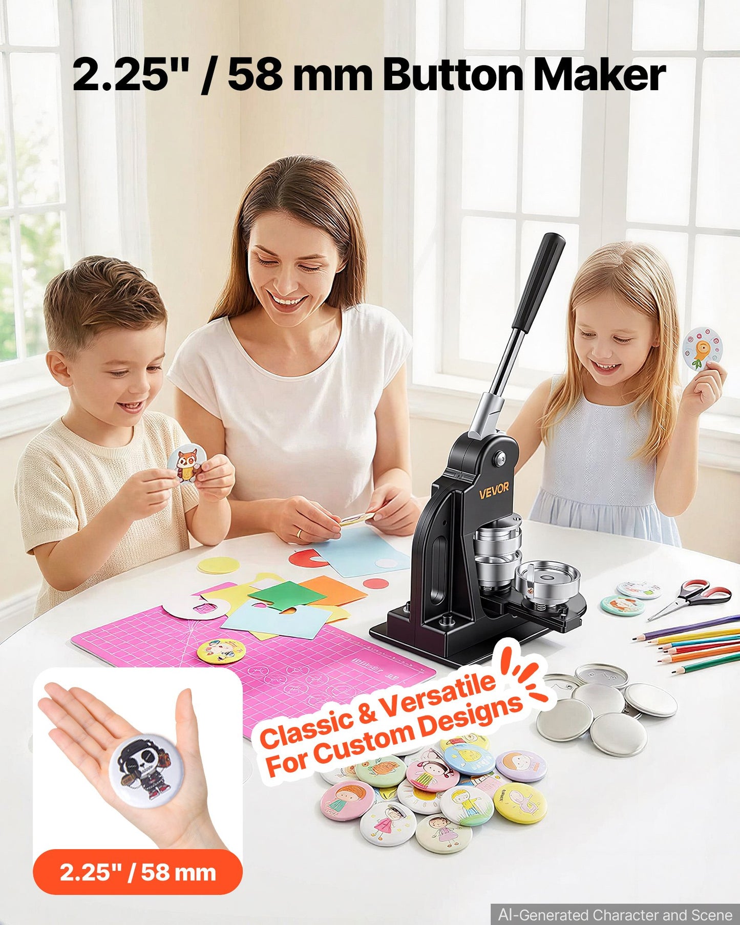 Button Maker Machine 2.25"/58mm Pin Maker 500pcs Button Parts Black, with Circle Cutter, Magic Book, and Hex Wrenches, Ergonomic Handle, for DIY Badges, Pins, Fridge Magnets and Key Chains
