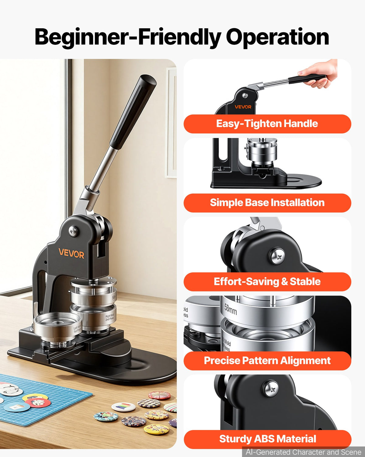 Button Maker Machine 2.25"/58mm Pin Maker 500pcs Button Parts Black, with Circle Cutter, Magic Book, and Hex Wrenches, Ergonomic Handle, for DIY Badges, Pins, Fridge Magnets and Key Chains