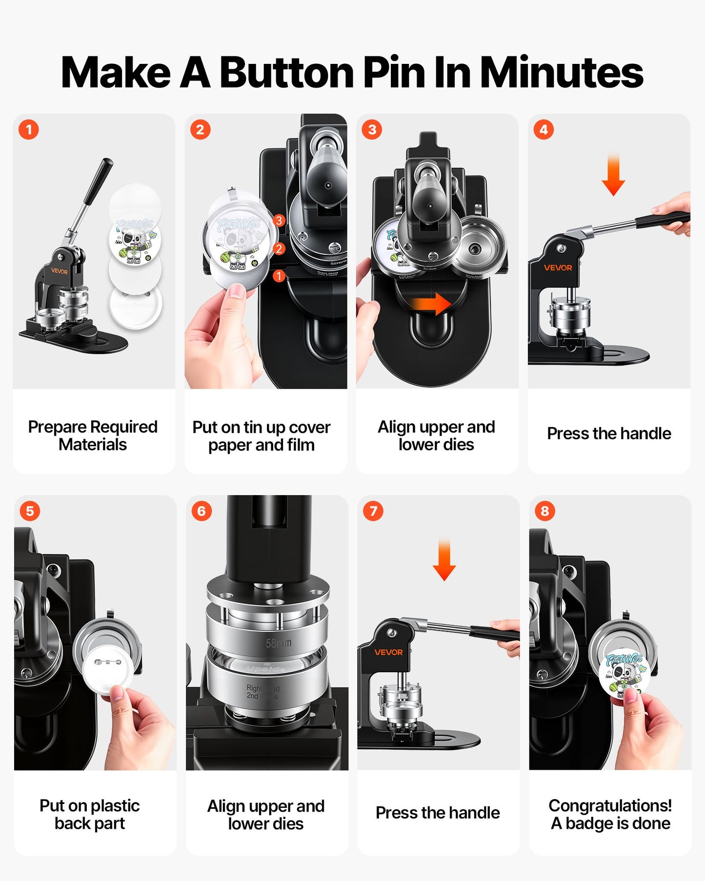 Button Maker Machine 2.25"/58mm Pin Maker 500pcs Button Parts Black, with Circle Cutter, Magic Book, and Hex Wrenches, Ergonomic Handle, for DIY Badges, Pins, Fridge Magnets and Key Chains
