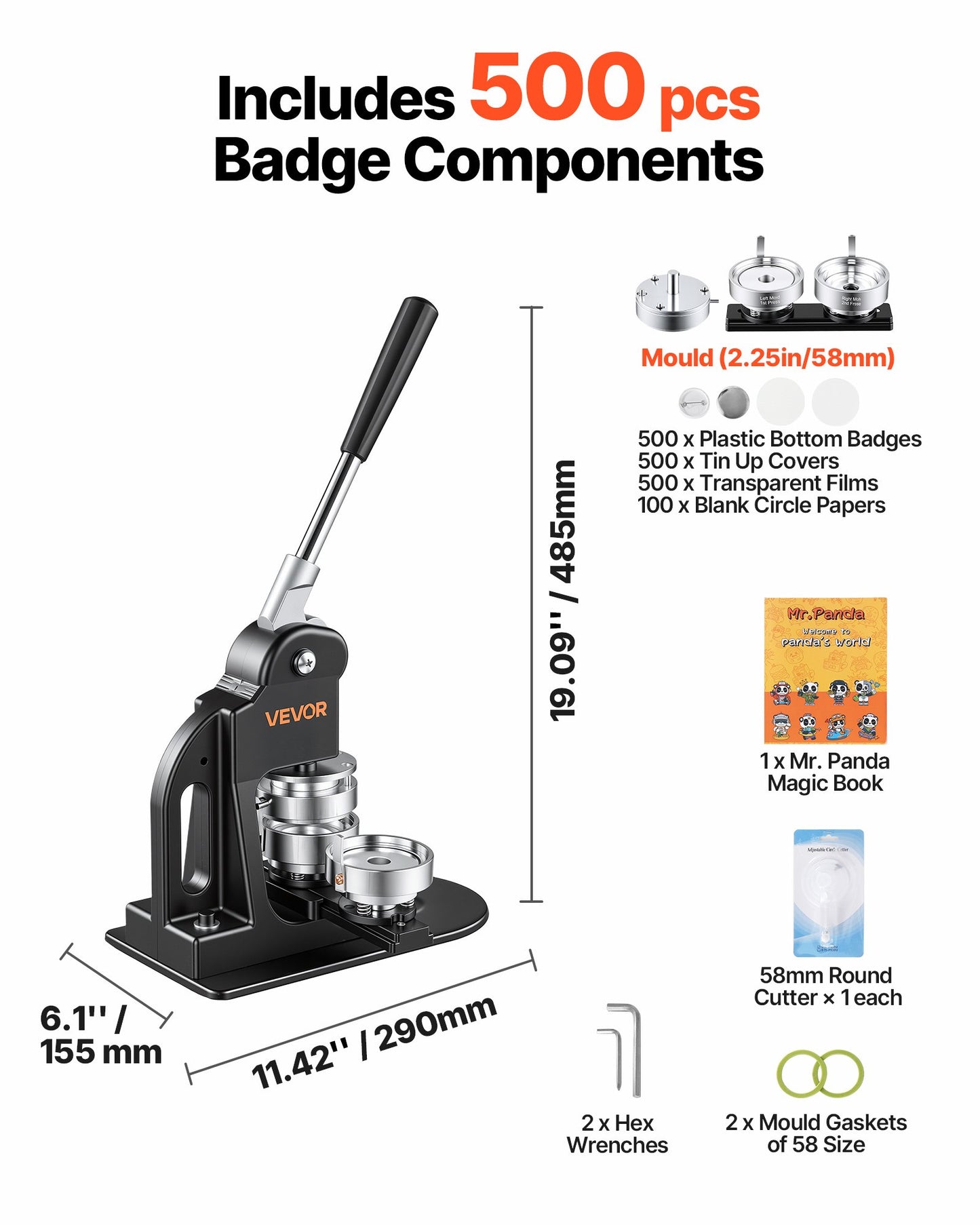 Button Maker Machine 2.25"/58mm Pin Maker 500pcs Button Parts Black, with Circle Cutter, Magic Book, and Hex Wrenches, Ergonomic Handle, for DIY Badges, Pins, Fridge Magnets and Key Chains