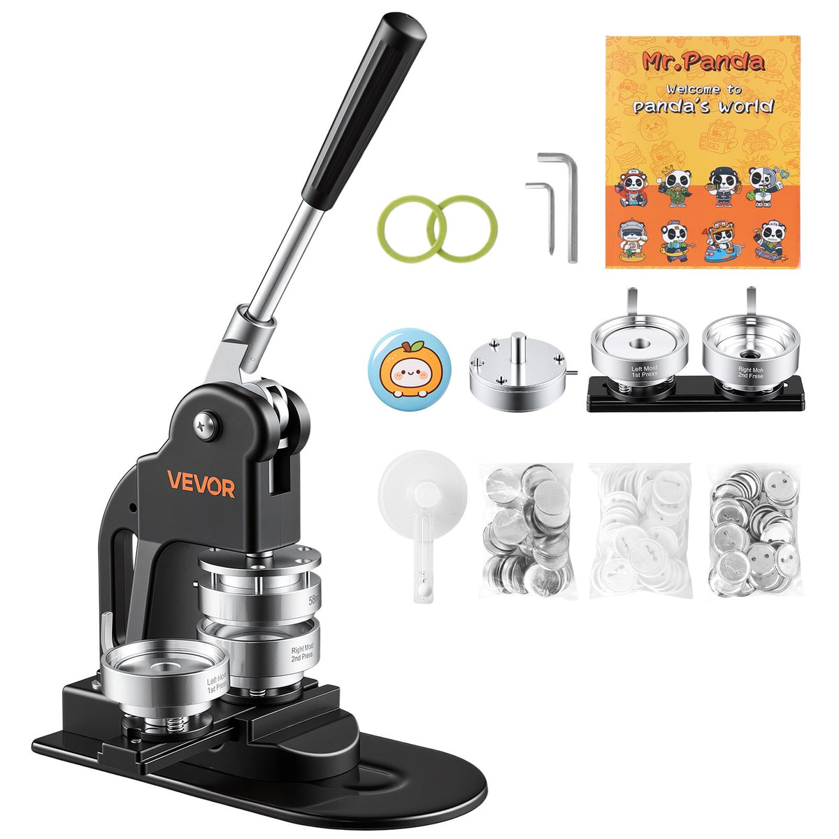 Button Maker Machine 2.25"/58mm Pin Maker 500pcs Button Parts Black, with Circle Cutter, Magic Book, and Hex Wrenches, Ergonomic Handle, for DIY Badges, Pins, Fridge Magnets and Key Chains