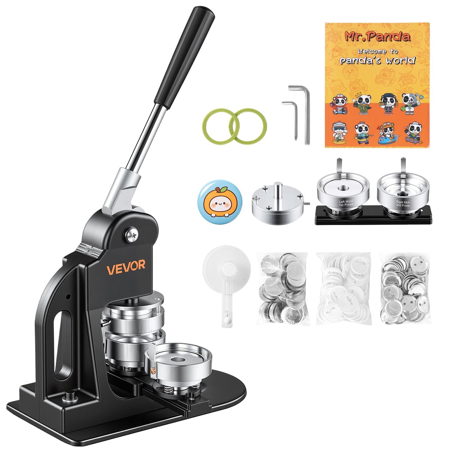 Button Maker Machine 2.25"/58mm Pin Maker 500pcs Button Parts Black, with Circle Cutter, Magic Book, and Hex Wrenches, Ergonomic Handle, for DIY Badges, Pins, Fridge Magnets and Key Chains