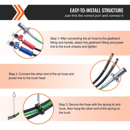 12FT Semi Truck 3-in-1 Air Hose Kit with Glad Hands & 7-Way Power Line