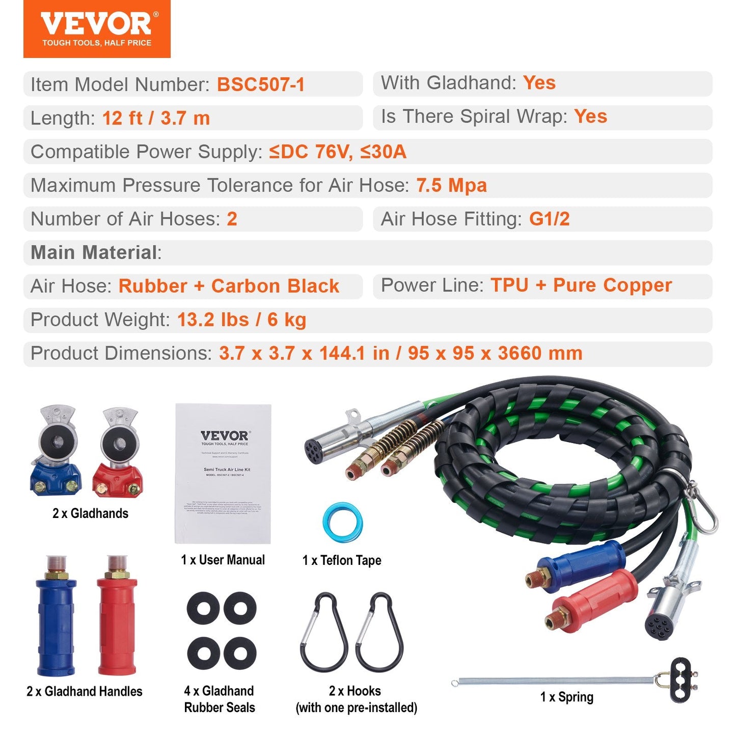 12FT Semi Truck 3-in-1 Air Hose Kit with Glad Hands & 7-Way Power Line