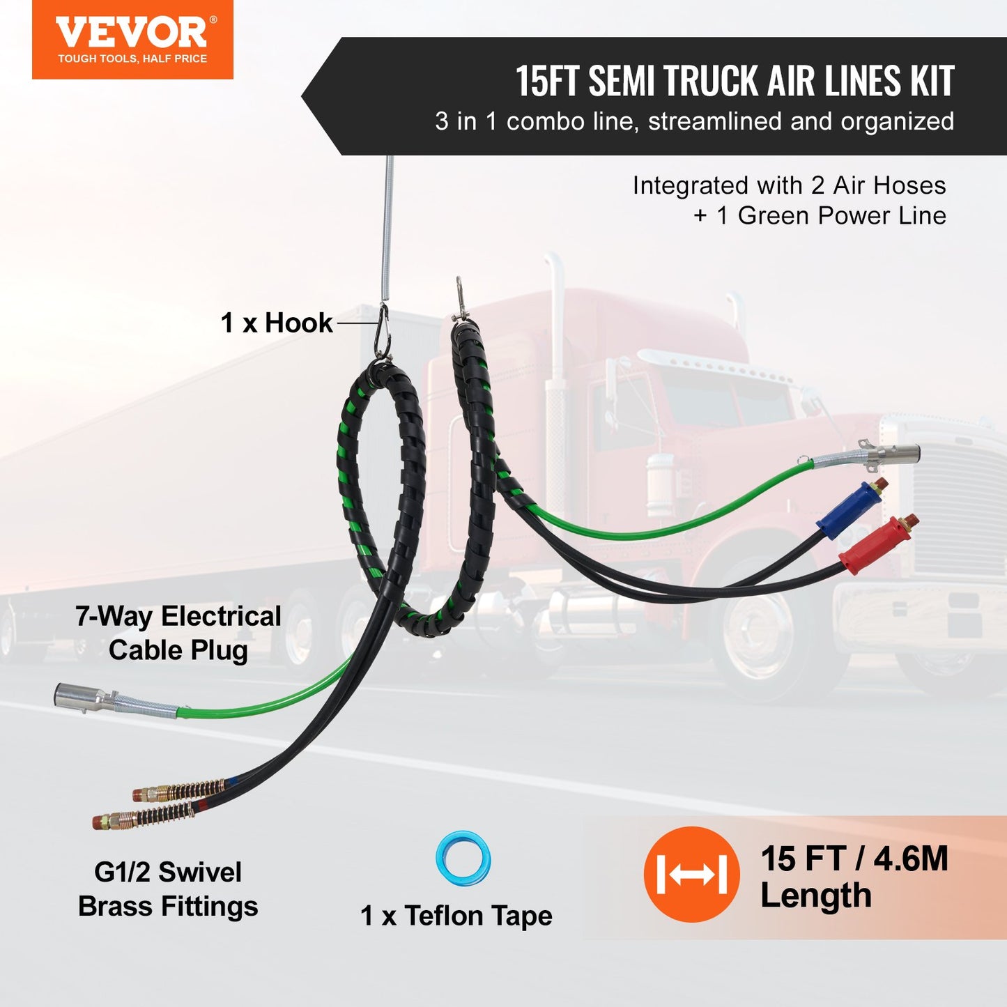 VEVOR 15FT Semi Truck Air Lines Kit, 3-in-1 Air Hoses & ABS Power Line for Semi