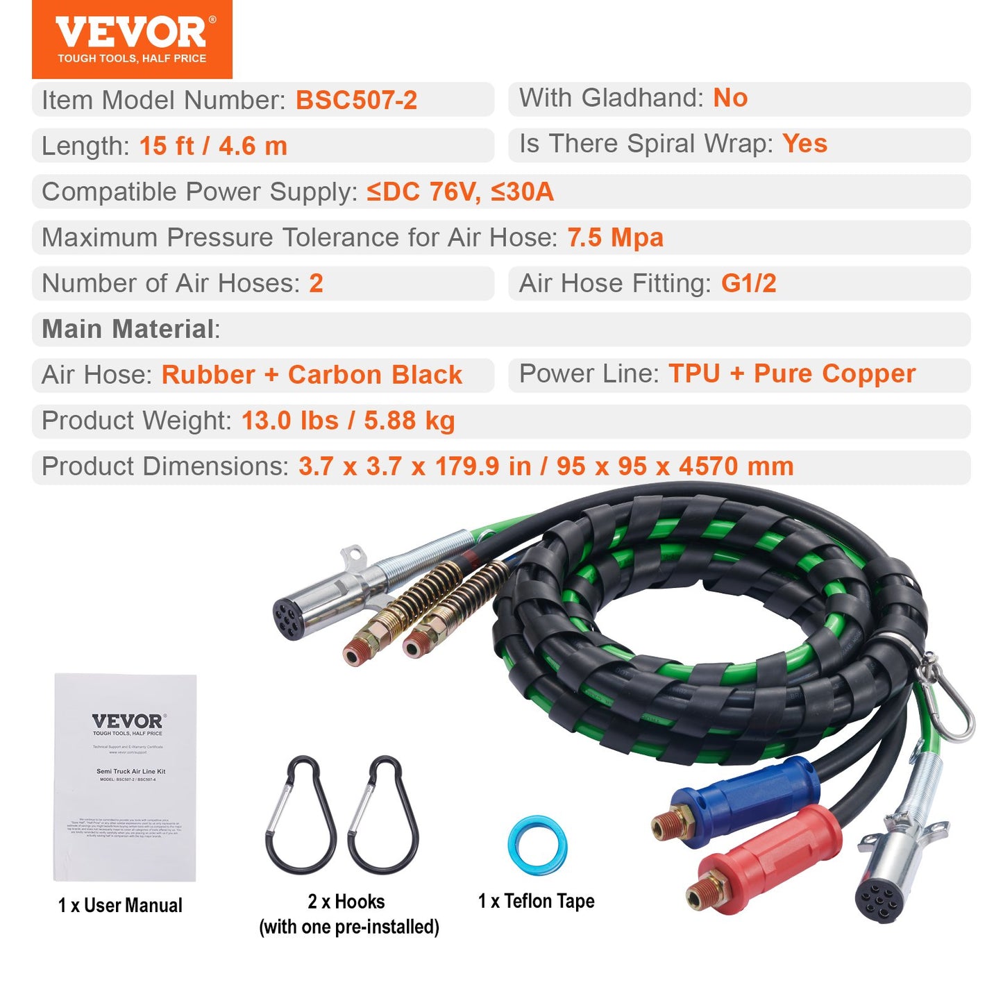VEVOR 15FT Semi Truck Air Lines Kit, 3-in-1 Air Hoses & ABS Power Line for Semi