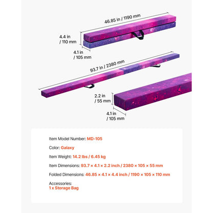 8FT Folding Gymnastic Balance Beam for Kids with Carrying Bag Galaxy