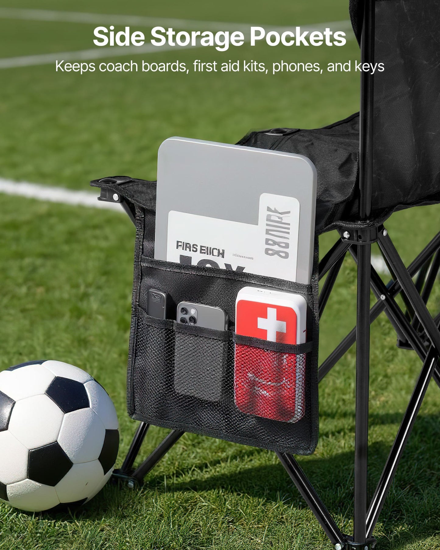 Portable Folding Bench, 4 Seat Foldable Soccer Bench with Side Pockets and Carrying Bag, Lightweight Sideline Seating with Back Rest for Football, Baseball, Camping, Outdoor Events, Black