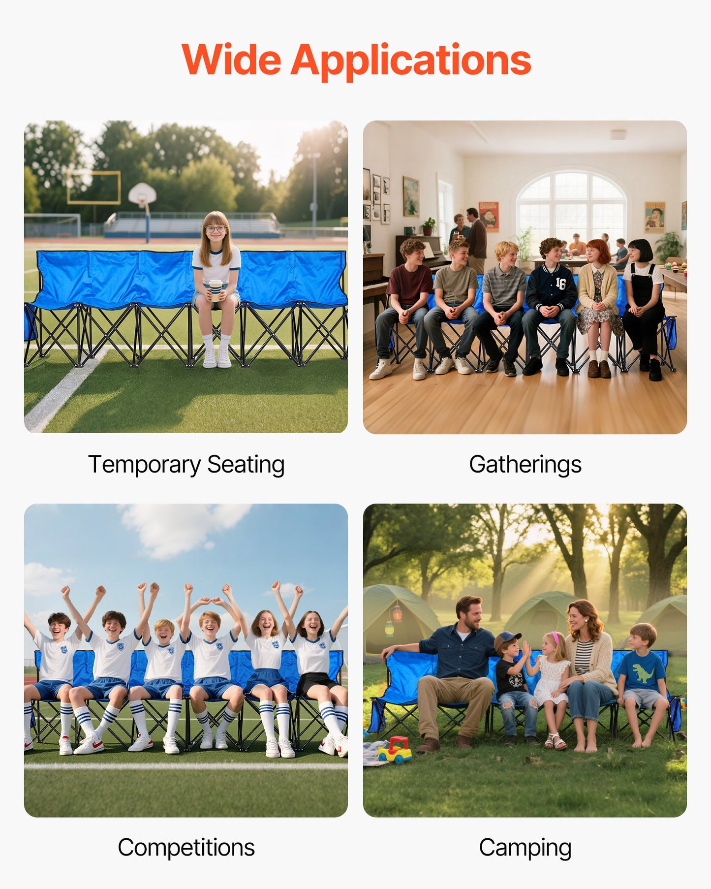 Portable Folding Bench, 6 Seat Foldable Soccer Bench with Side Pockets and Carrying Bag, Lightweight Sideline Seating with Back Rest for Football, Baseball, Camping, Outdoor Events, Blue
