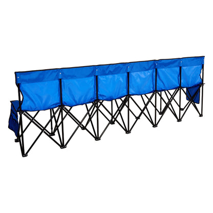Portable Folding Bench, 6 Seat Foldable Soccer Bench with Side Pockets and Carrying Bag, Lightweight Sideline Seating with Back Rest for Football, Baseball, Camping, Outdoor Events, Blue
