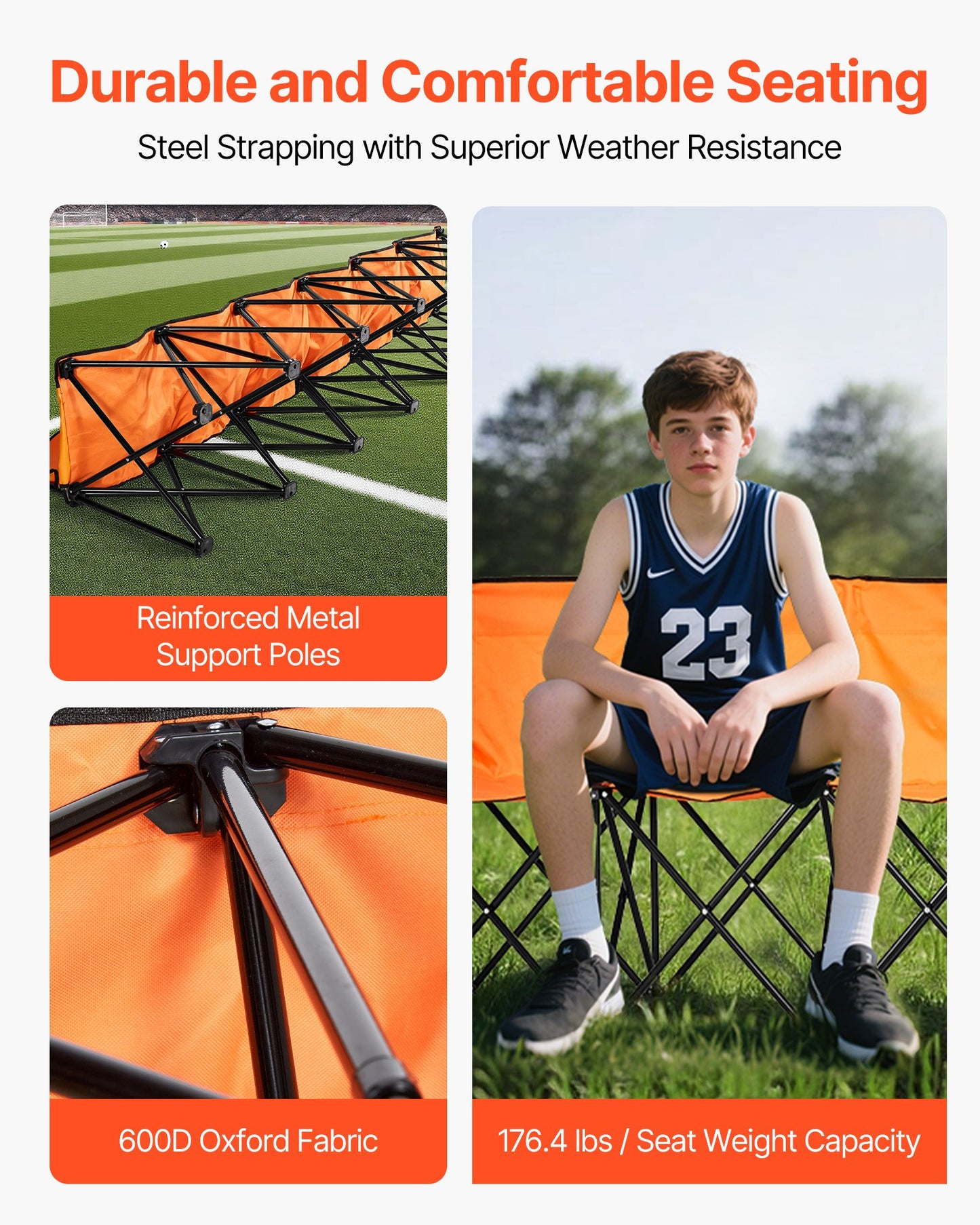 Portable Folding Bench, 6 Seat Foldable Soccer Bench with Side Pockets and Carrying Bag, Lightweight Sideline Seating with Back Rest for Football, Baseball, Camping, Outdoor Events, Orange