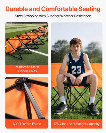 Portable Folding Bench, 6 Seat Foldable Soccer Bench with Side Pockets and Carrying Bag, Lightweight Sideline Seating with Back Rest for Football, Baseball, Camping, Outdoor Events, Orange