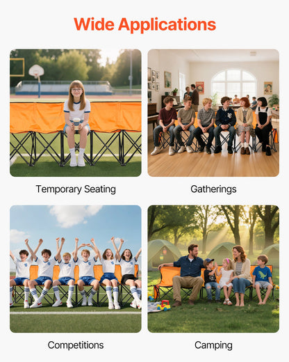 Portable Folding Bench, 6 Seat Foldable Soccer Bench with Side Pockets and Carrying Bag, Lightweight Sideline Seating with Back Rest for Football, Baseball, Camping, Outdoor Events, Orange
