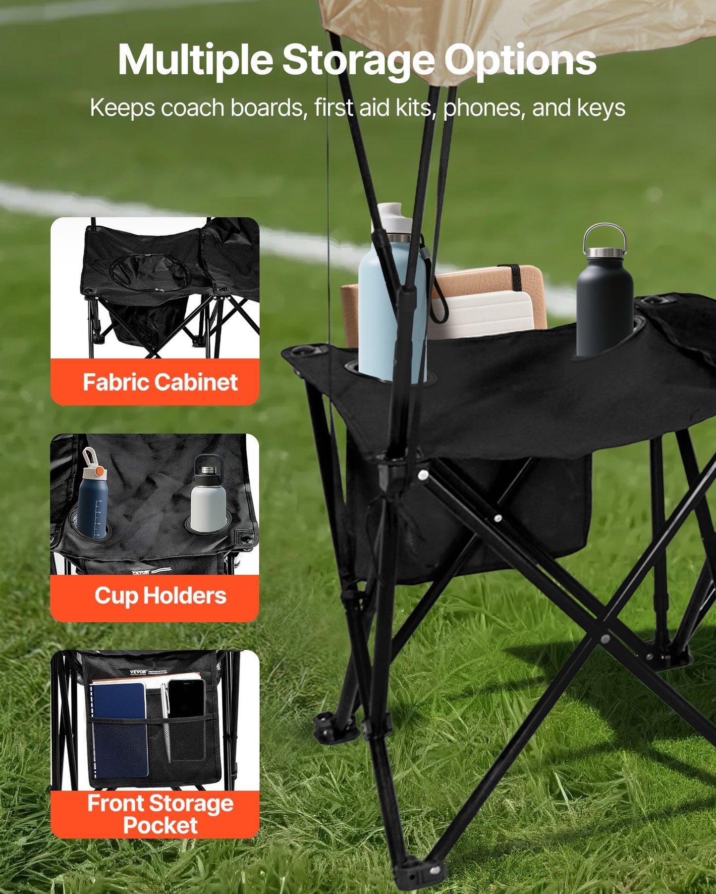 Portable Folding Bench, 6 Seat Soccer Bench with Storage Pockets Cup Holders & Carrying Bag, Lightweight Sideline Seating with Sunshade for Football, Baseball, Camping, Outdoor Events, Black