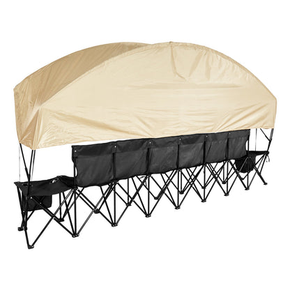 Portable Folding Bench, 6 Seat Soccer Bench with Storage Pockets Cup Holders & Carrying Bag, Lightweight Sideline Seating with Sunshade for Football, Baseball, Camping, Outdoor Events, Black