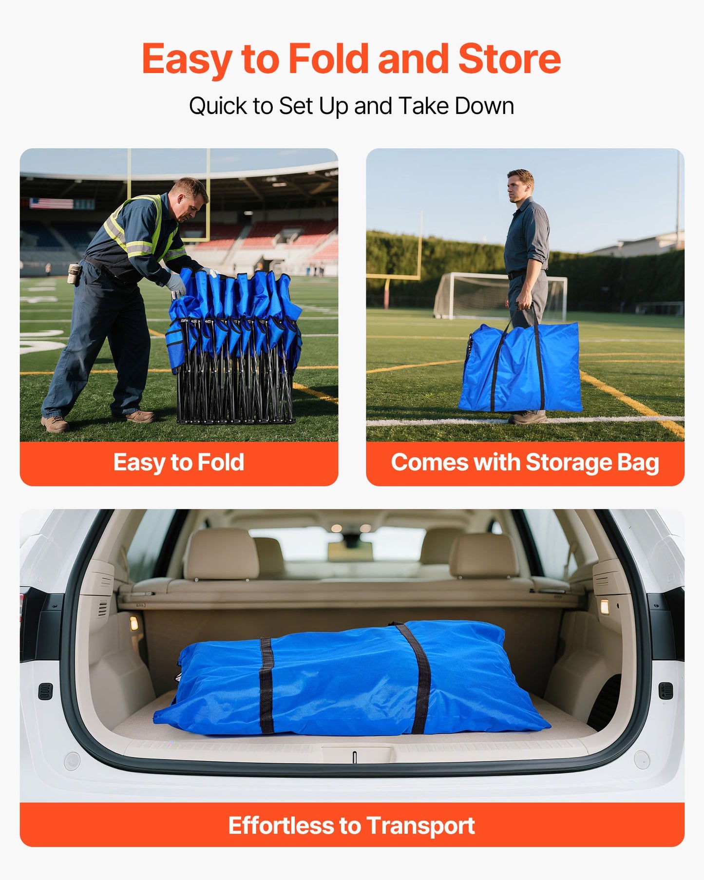 Portable Folding Bench, 8 Seat Foldable Soccer Bench with Side Pockets and Carrying Bag, Lightweight Sideline Seating with Back Rest for Football, Baseball, Camping, Outdoor Events, Blue