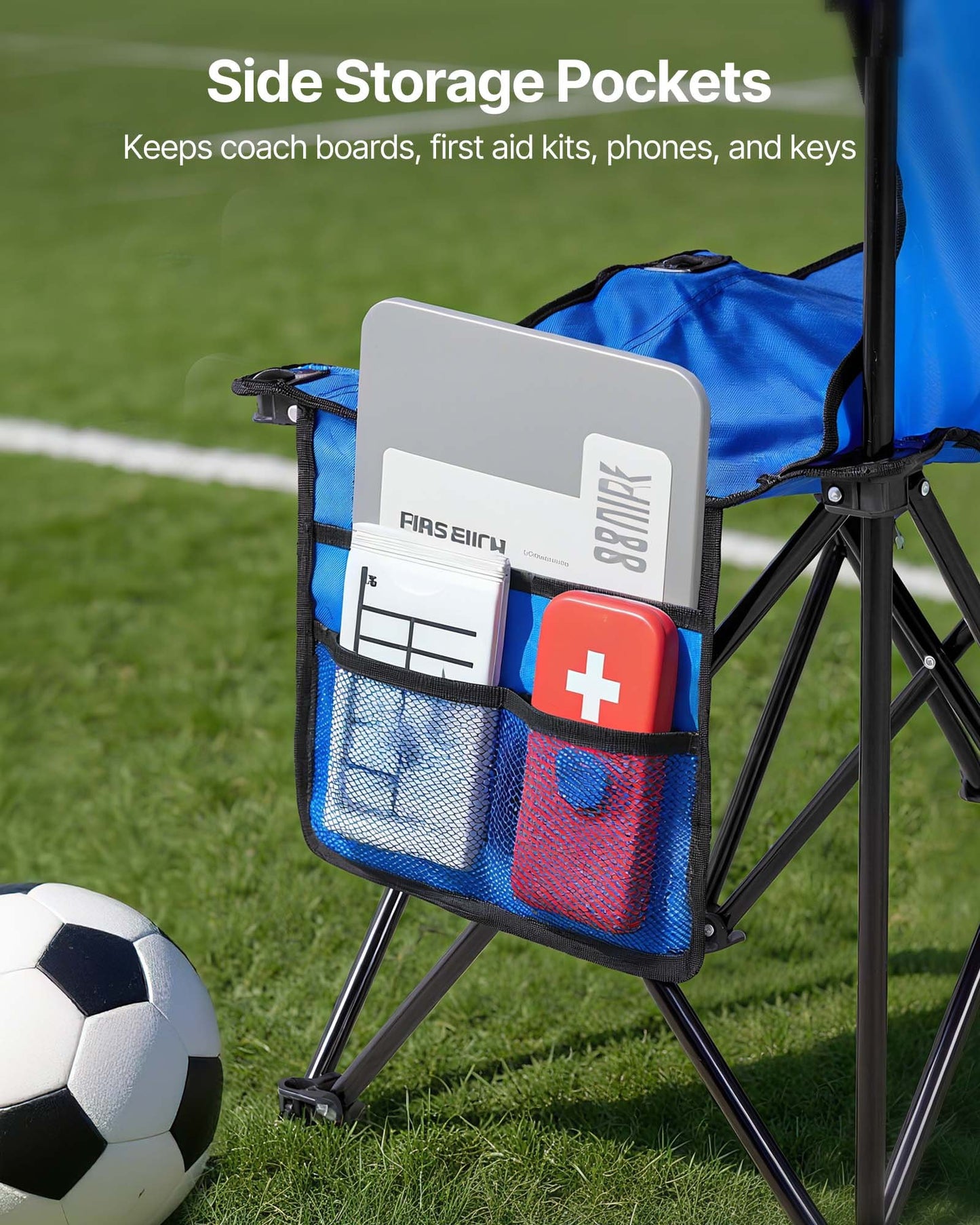 Portable Folding Bench, 8 Seat Foldable Soccer Bench with Side Pockets and Carrying Bag, Lightweight Sideline Seating with Back Rest for Football, Baseball, Camping, Outdoor Events, Blue