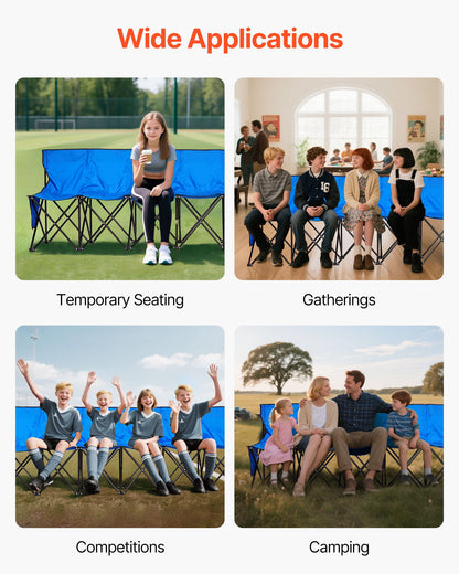 Portable Folding Bench, 8 Seat Foldable Soccer Bench with Side Pockets and Carrying Bag, Lightweight Sideline Seating with Back Rest for Football, Baseball, Camping, Outdoor Events, Blue